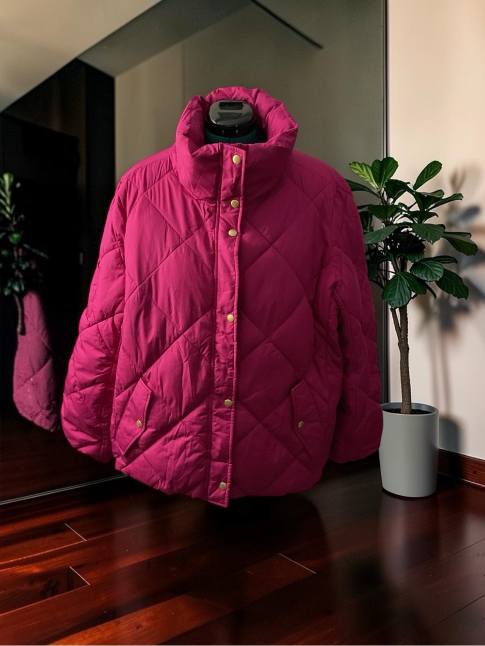 NWOT Talbots Quilted Puffer Jacket in Deep Fuchsia P:28” L:32.5” - Picture 2 of 6